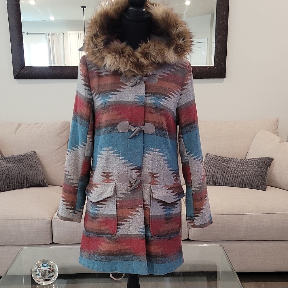 BB Dakota Utility Jacket in Blue and Brown with Luxurious Fur Collar